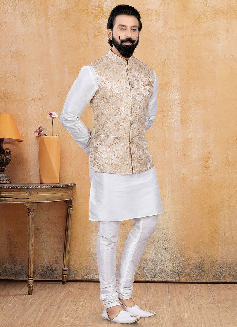 Gold Colour Designer Jacquard Party Wear Kurta Pajama With Jacket Collection 1262